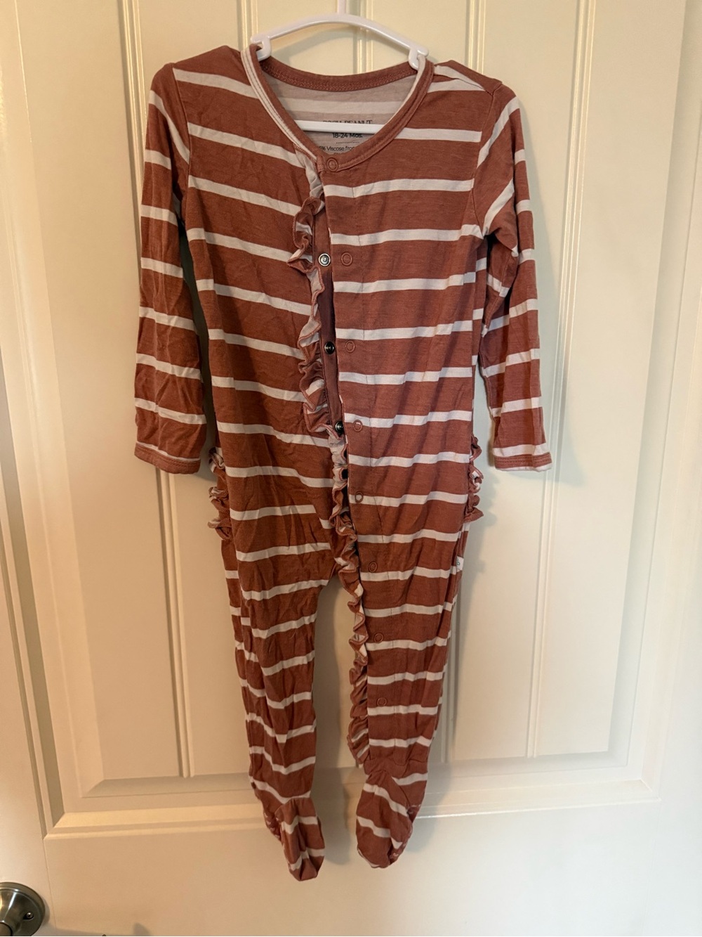 Posh Peanut Rust and White Striped Button Up Ruffle Footed One-Piece